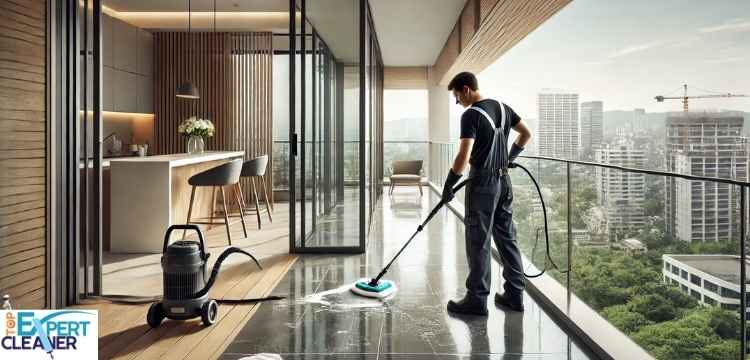 Professional cleaner using a floor scrubber for thorough balcony deep cleaning services in Dubai, with city views.