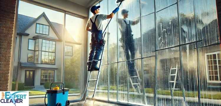 Professional cleaner on a ladder performing expert window cleaning services in Dubai for a large residential building.