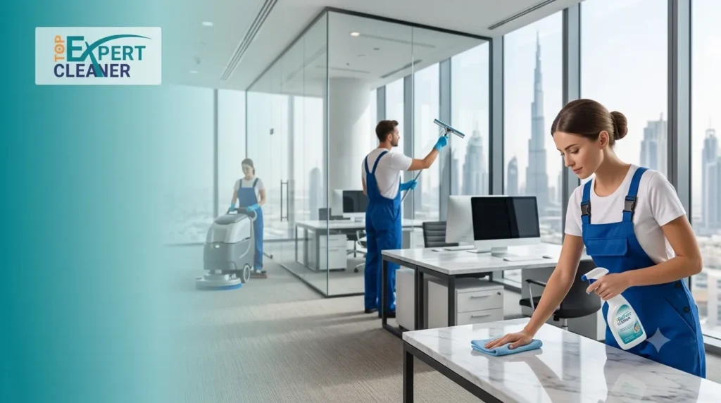 Office cleaning services in Dubai – professional cleaning team maintaining a modern office space